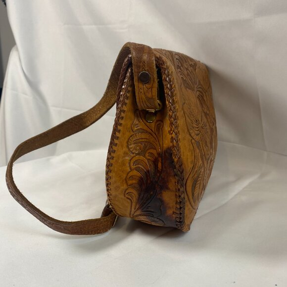 Western Hand Tooled Leather Handbag VTG Handmade Floral Purse Strap Brass - Picture 3 of 11